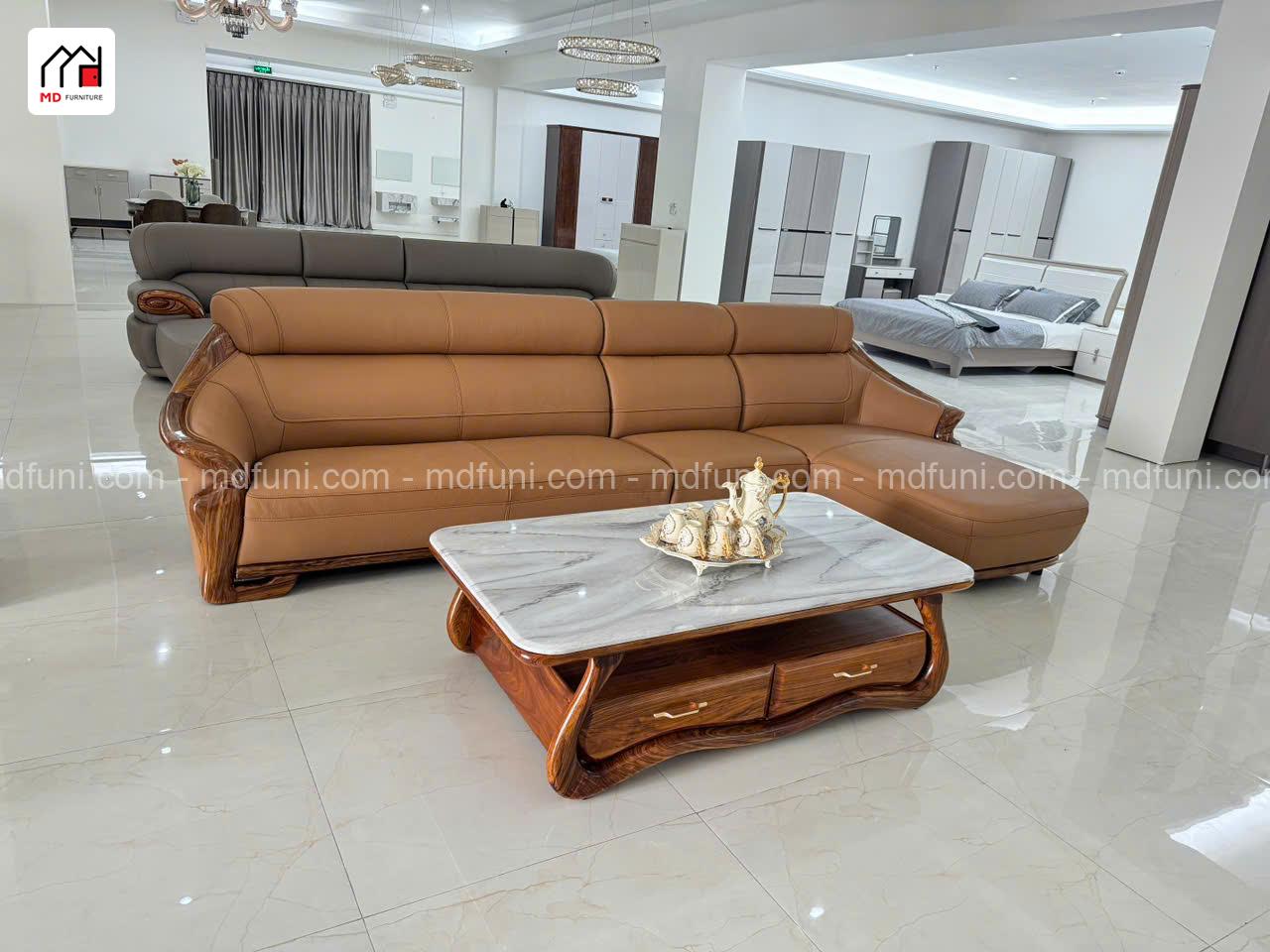 Sofa Góc Gỗ Mun Bọc Da Bò MD-43# Góc L Hiện Đại Nhập Khẩu 8 H43.1