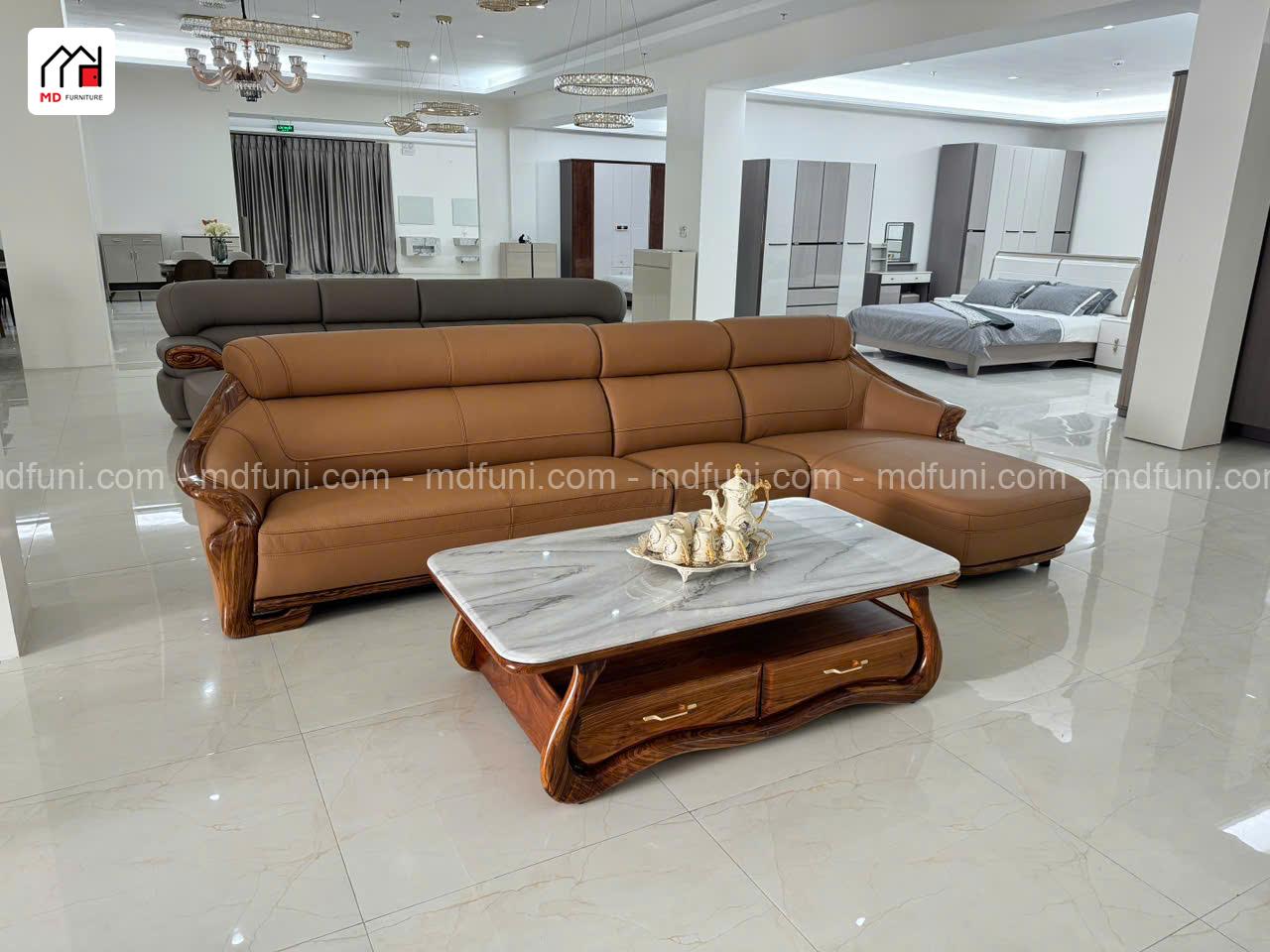 Sofa Góc Gỗ Mun Bọc Da Bò MD-43# Góc L Hiện Đại Nhập Khẩu 9 H43.2