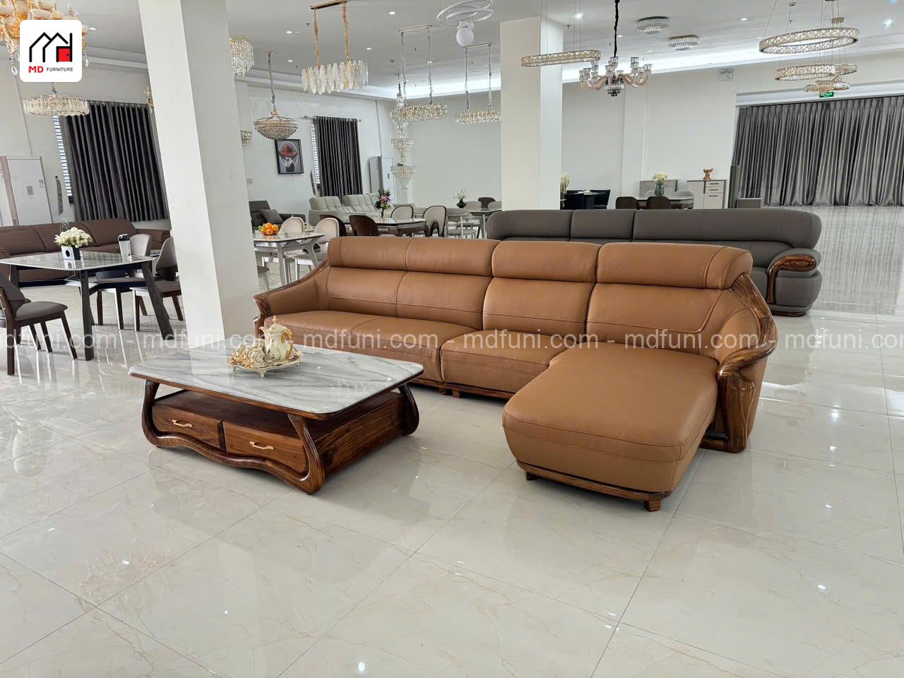 Sofa Góc Gỗ Mun Bọc Da Bò MD-43# Góc L Hiện Đại Nhập Khẩu 10 H43.4