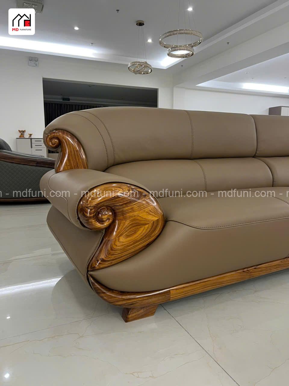 Sofa Gỗ Mun Góc L Bọc Da Bò MD-46# Hiện Đại Nhập Khẩu 13 H46.6