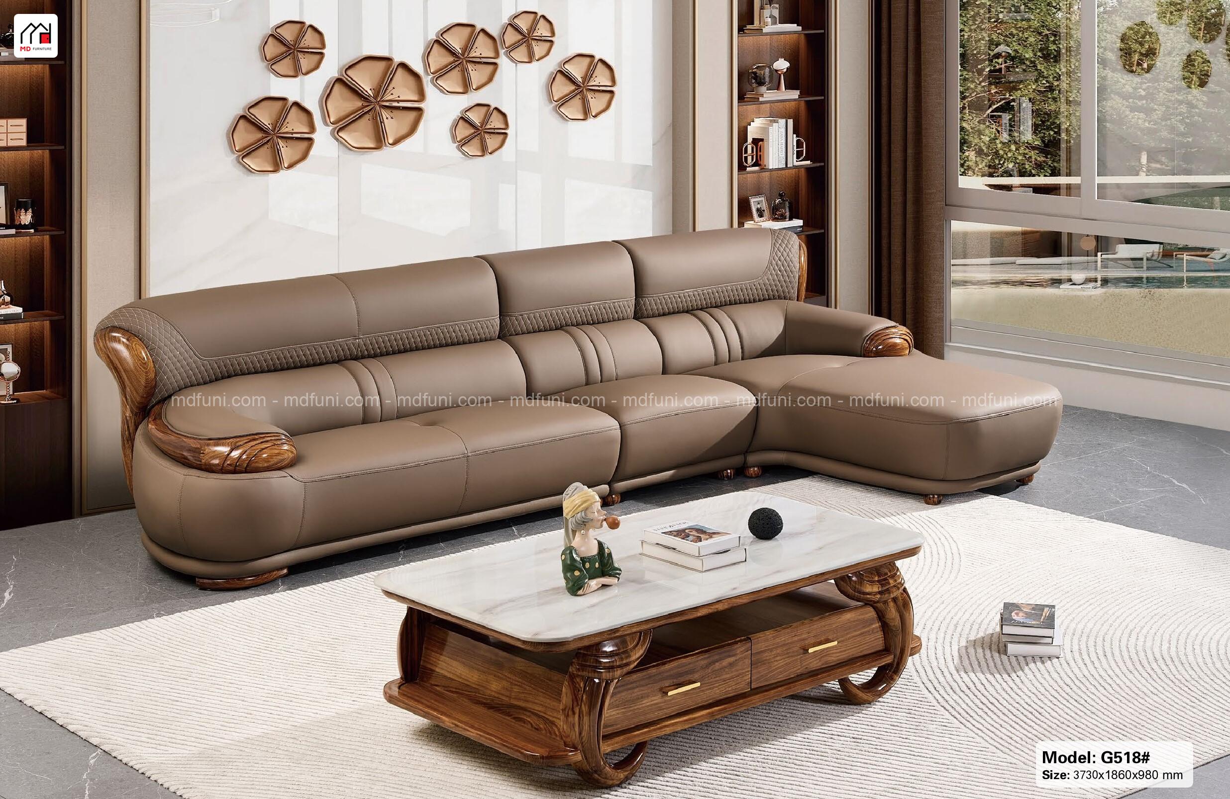 Sofa Gỗ Mun Góc L Bọc Da Siêu Sợi Nhập Khẩu MD-518# 2 SOFA.G518