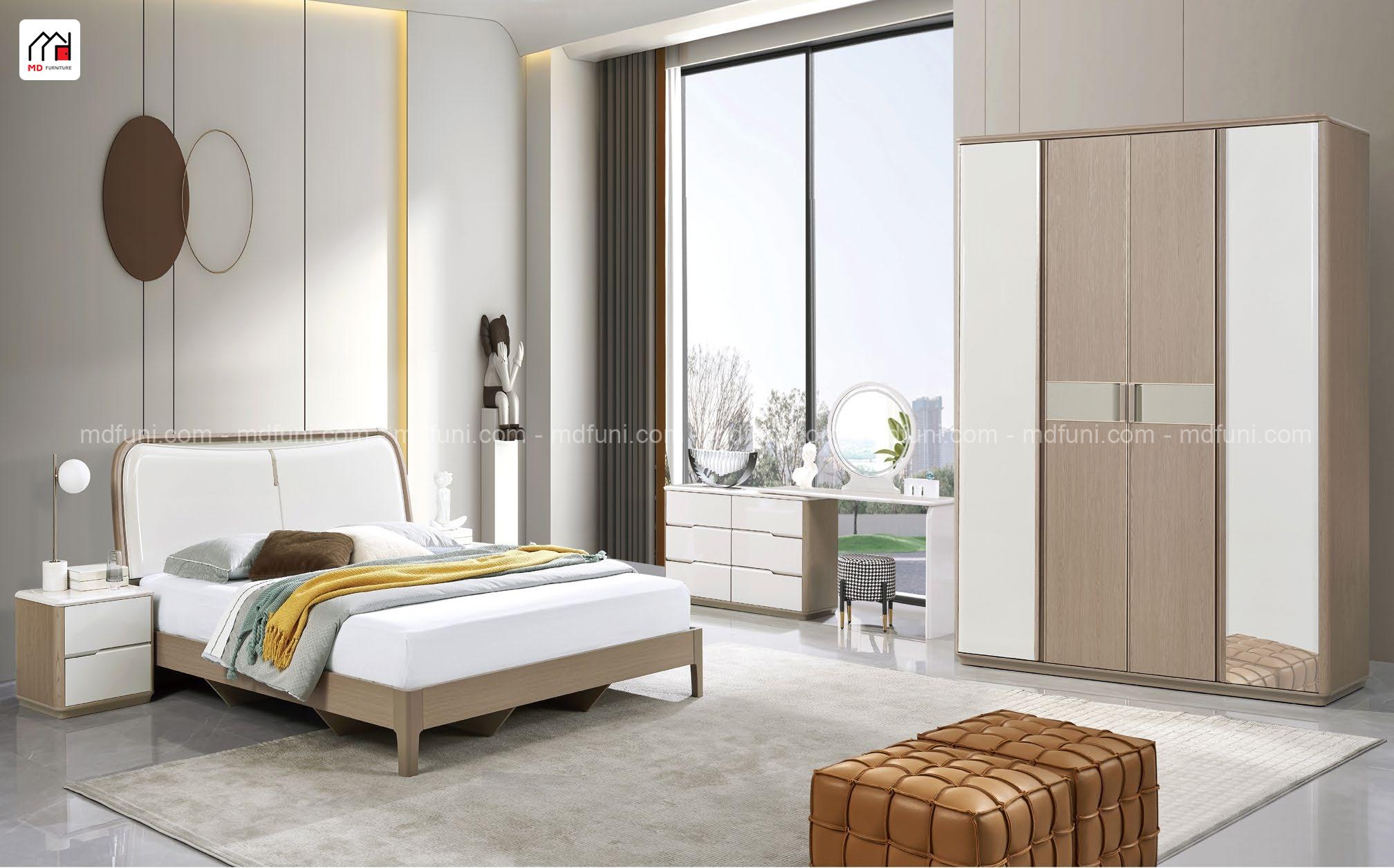 Phòng ngủ dành cho chung cư với giường ngủ 1m6*2m ,tủ áo 4 cánh 1m6 giúp tối ưu diện tích .